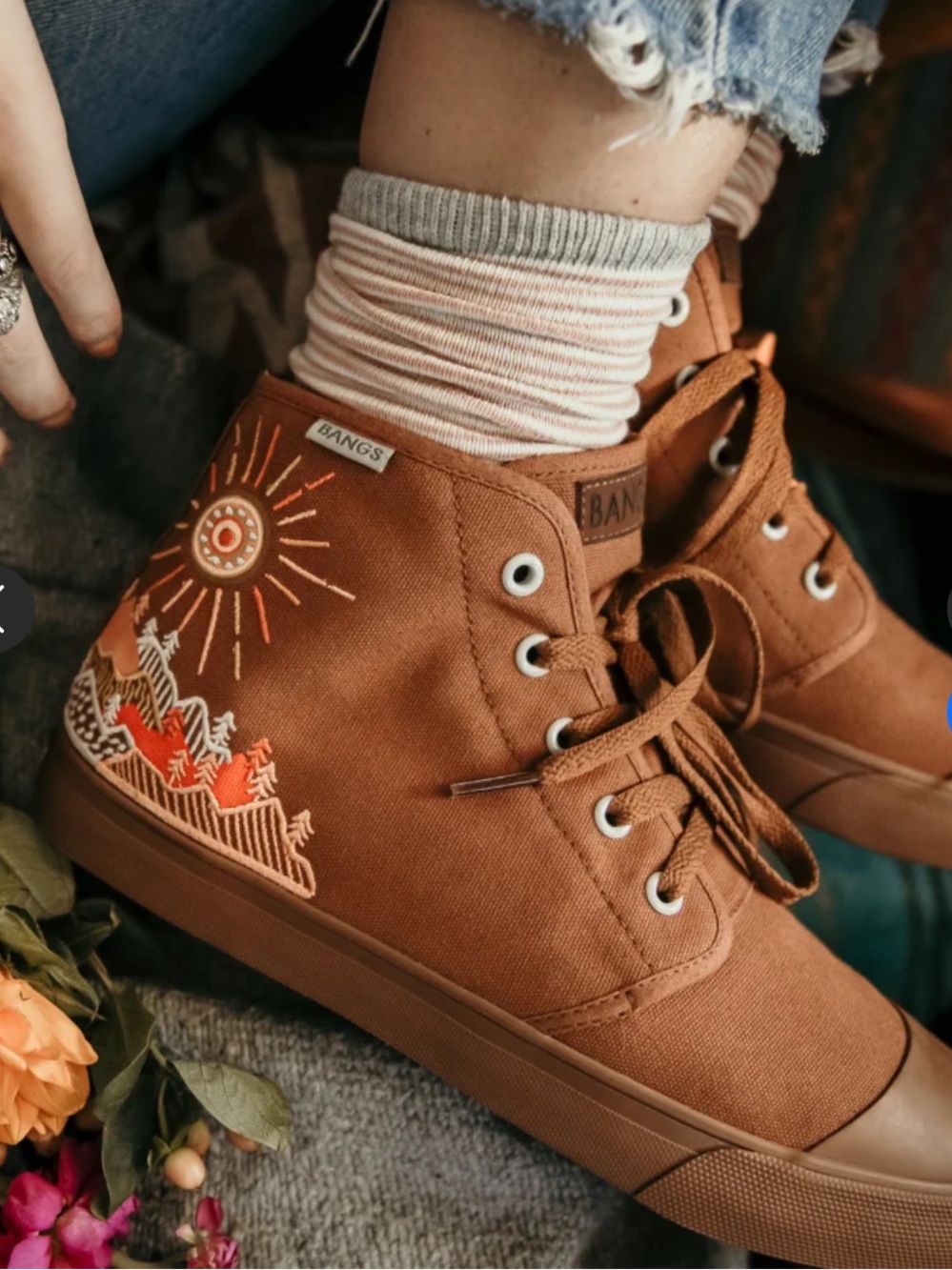 BANGS Women's Tan Lace-Up High-Top Boots with Embroidered Sun Mountain design.